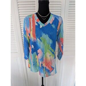 Ethyl Clothing Top Women's S Blue Orange Abstract Art To Wear Chic Lightweight